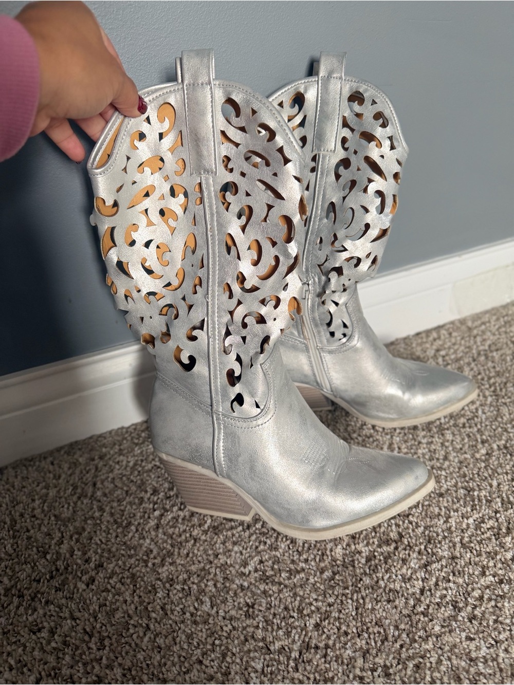 Nasty Gal Silver Laser-Cut Western Heeled Boots